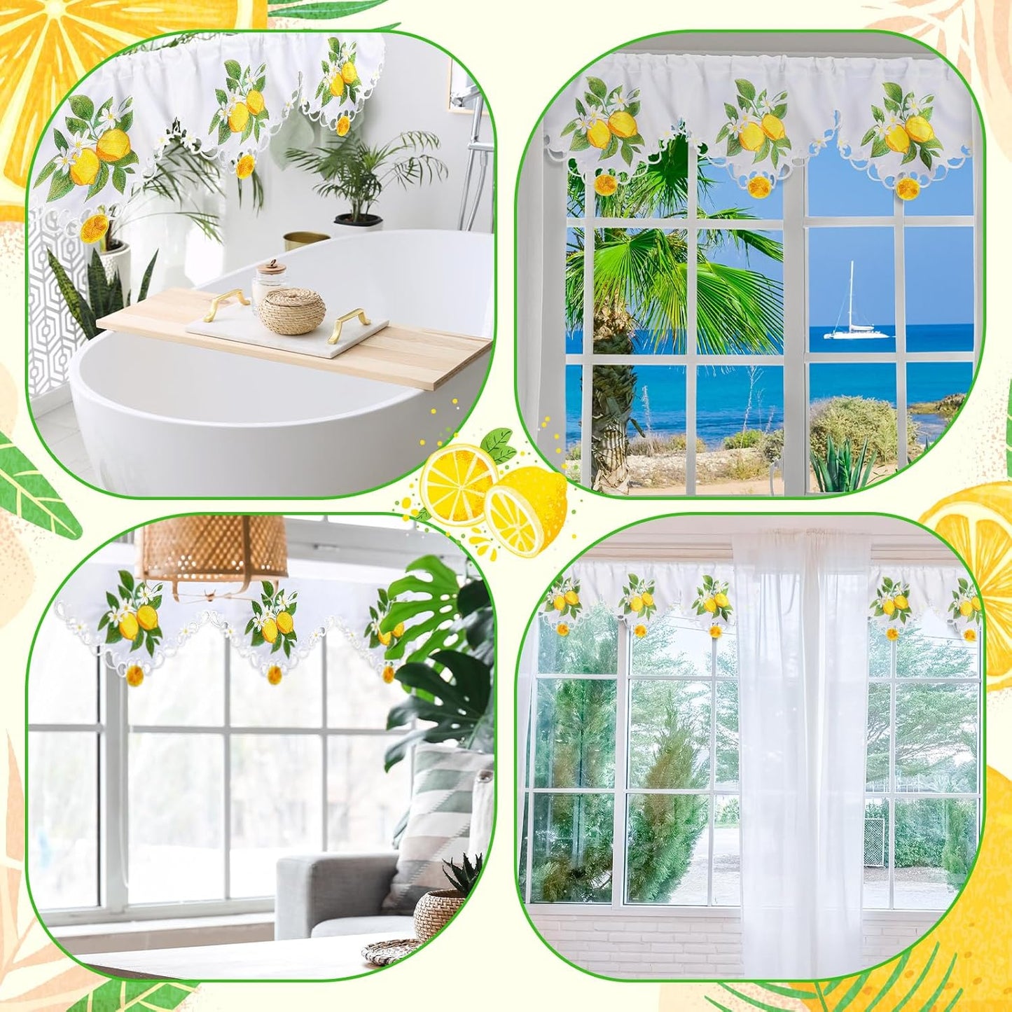 Embroidered Summer Lemon Kitchen Curtains Valances 58 x 15 Inch Yellow Lemon Window Treatment Valance Fresh Fruit Flower Leaf Curtain for Bedroom Bathroom Living Room Decor