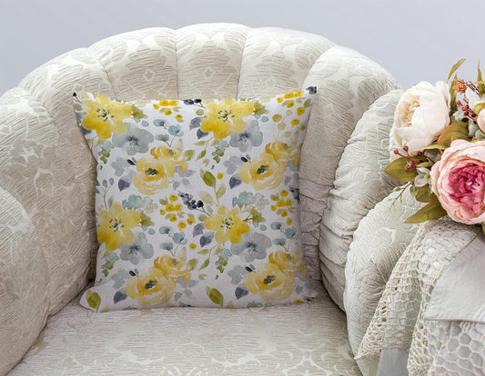 TSSOHU Throw Pillow Cover Black Floral Watercolor Bright Summer Pattern Yellow and Blue Abstract Flowers Gray Simple Botanica Home Decor Pillowcase for Sofa 18x18 Inches