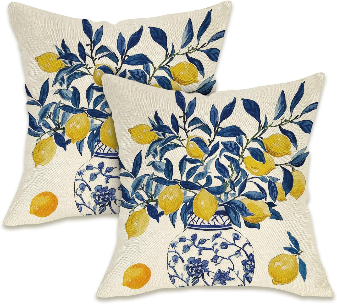 Fahrendom Lemon Decorative Throw Pillow Covers 18 x 18 Set of 2, Blue and White Porcelain Citrus Porch Pillowcase, Summer Mediterranean Sofa Couch Cushion Case Home Decor