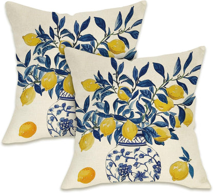 Fahrendom Lemon Decorative Throw Pillow Covers 18 x 18 Set of 2, Blue and White Porcelain Citrus Porch Pillowcase, Summer Mediterranean Sofa Couch Cushion Case Home Decor