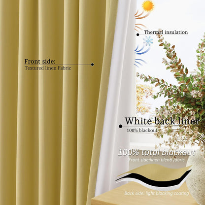 Jowels Yellow Linen Blackout Curtains 84 Length 2 Panels Set for Living Room Bedroom, 100% Black Out Thermal Insulated Linen Drapes, Room Darkening Grommet Curtains 84 Inches Long, Yellow