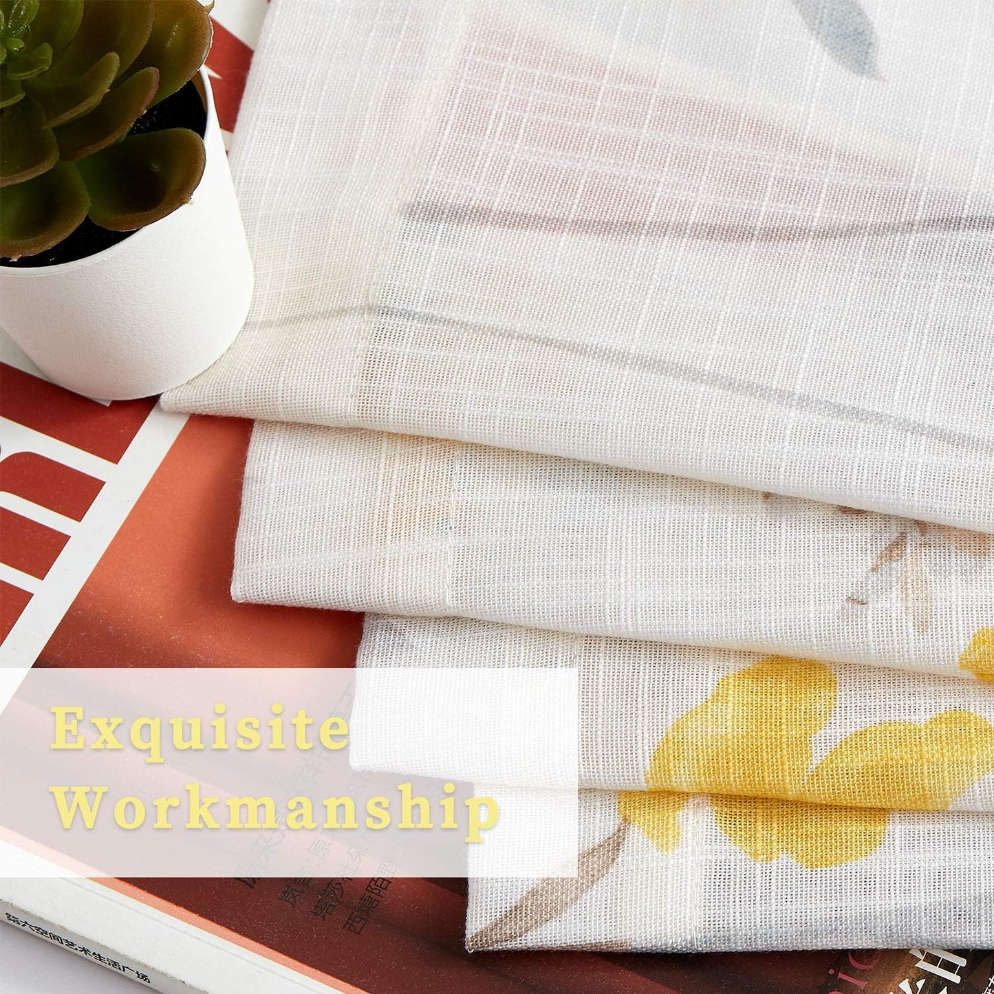 July Joy Printed Sheer Curtains Linen Textured for Living Room Floral Leaf Design Farmhouse Style Window Panel Drapes Set Grommet Treatment for Bedroom, Dining, 52 x 84 inch, Yellow