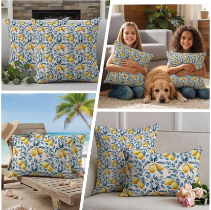 Outdoor Waterproof Throw Pillow Covers, Lemon Decorative Pillow Cases, Spring Summer Pastoral Fruit Leaf Branch Couch Pillow Protector Patio Sofa Cushion Covers Replacement 20"x12" 2 Pack