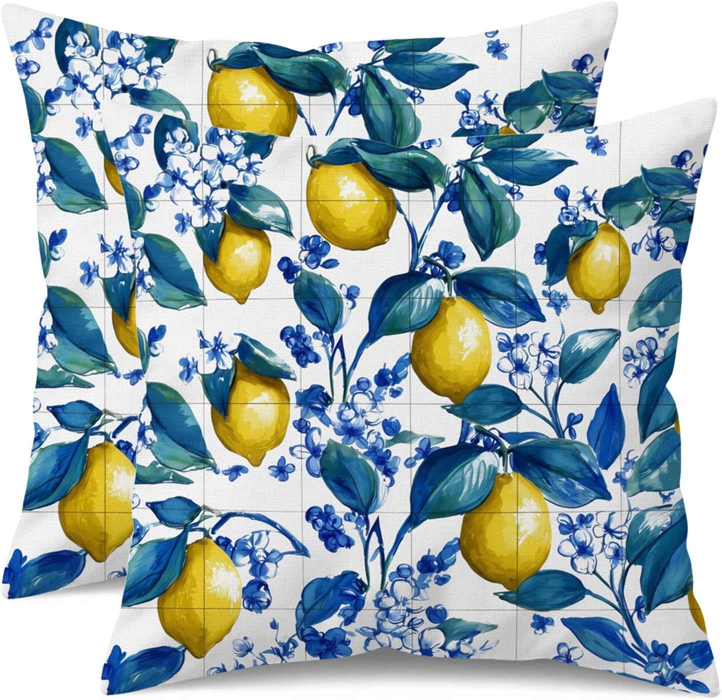 Blue Lemon Pillow Covers 18x18 Set of 2, Mediterranean Italian Lemon Floral Tile Decorative Throw Pillow Covers, Double-Sided Cushion Covers for Couch Sofa Farmhouse Spring Summer Kitchen Home Decor