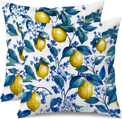 Blue Lemon Pillow Covers 18x18 Set of 2, Mediterranean Italian Lemon Floral Tile Decorative Throw Pillow Covers, Double-Sided Cushion Covers for Couch Sofa Farmhouse Spring Summer Kitchen Home Decor