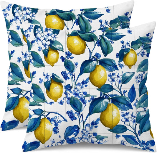 Blue Lemon Pillow Covers 18x18 Set of 2, Mediterranean Italian Lemon Floral Tile Decorative Throw Pillow Covers, Double-Sided Cushion Covers for Couch Sofa Farmhouse Spring Summer Kitchen Home Decor