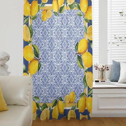 Sheer Curtains 45 Inches Long for Living Room/Bedroom, Blue Yellow Lemon Rod Pocket Voile Kitchen Curtains & Drapes Window Treatment 1 Panel, 52"W x 45"L Summer Country Fruits Italian Style