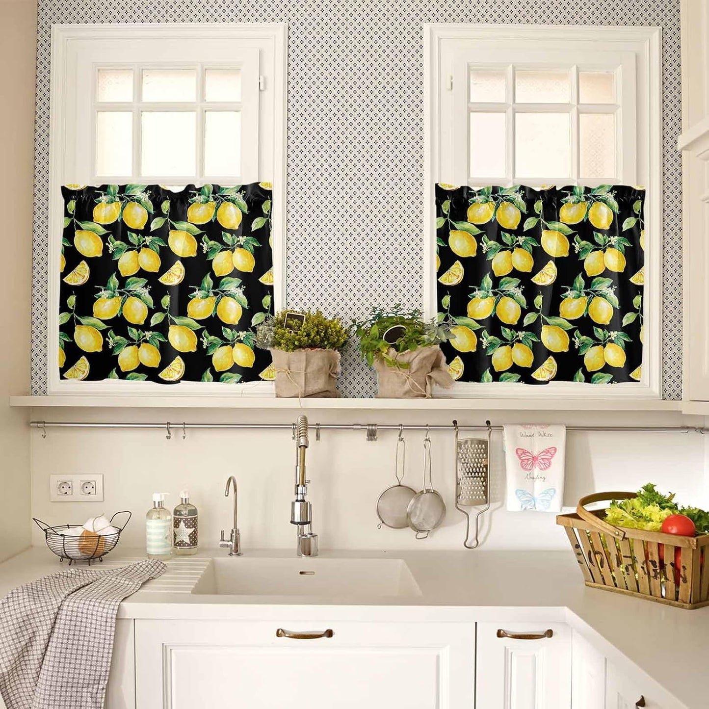 Semi Sheer Kitchen Curtains and Valances Set Summer Yellow Lemon Watercolor Style Black Valance and Tier Curtains 3 Piece, Rod Pocket Window Valances Short Drapes for Bedroom Living Room