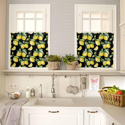 Semi Sheer Kitchen Curtains and Valances Set Summer Yellow Lemon Watercolor Style Black Valance and Tier Curtains 3 Piece, Rod Pocket Window Valances Short Drapes for Bedroom Living Room