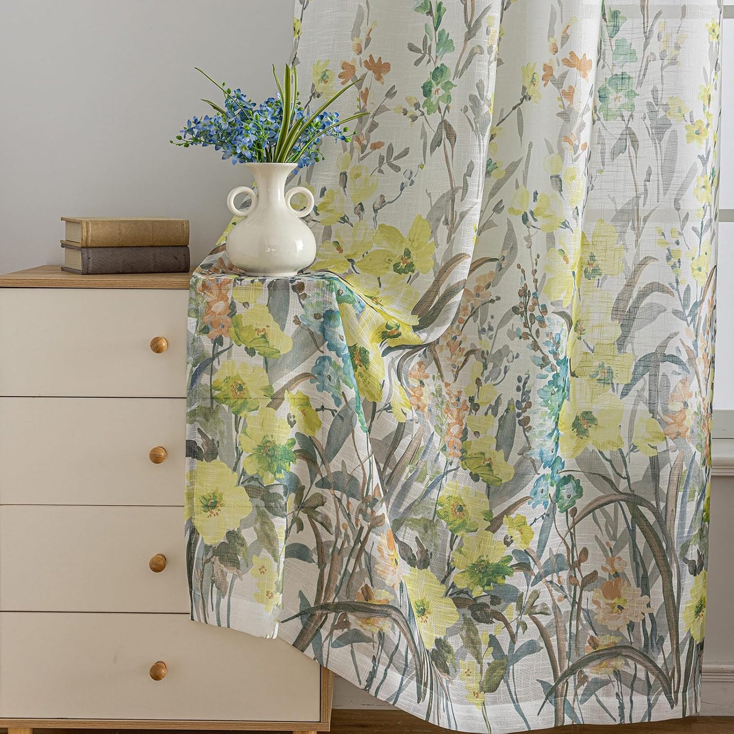 SUOUO Grey and Yellow Floral Sheer Curtains Linen Textured for Living Room 96 inches Long Rod Pocket Print Wildflower Window Drapes for Bedroom 2 Panels