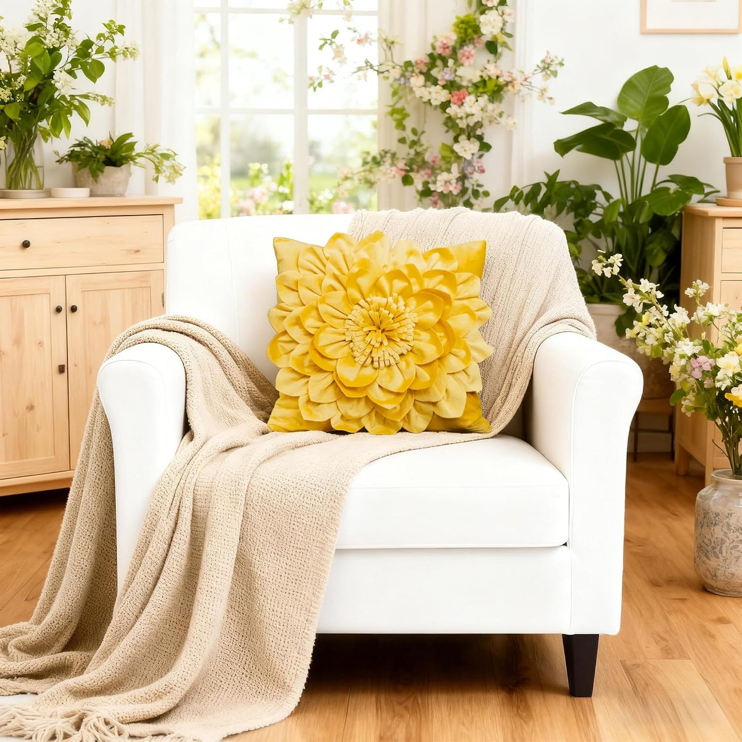 OiseauVoler Decorative 3D Throw Pillow Covers Aesthetic Yellow 18x18 Inch | 3D Floral Handmade Pillowcases Cushion Covers Soft Velvet for Couch Bed Living Room Home Decor Unique Pet Dog Hair Resistant