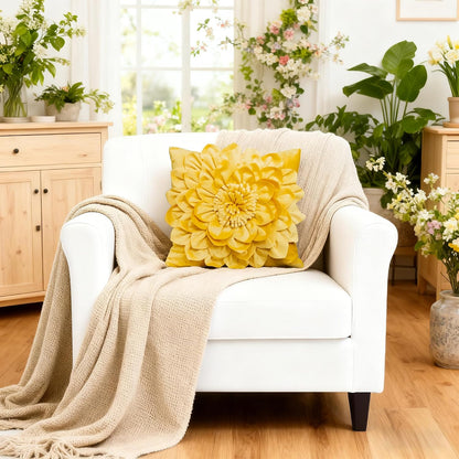 OiseauVoler Decorative 3D Throw Pillow Covers Aesthetic Yellow 18x18 Inch | 3D Floral Handmade Pillowcases Cushion Covers Soft Velvet for Couch Bed Living Room Home Decor Unique Pet Dog Hair Resistant