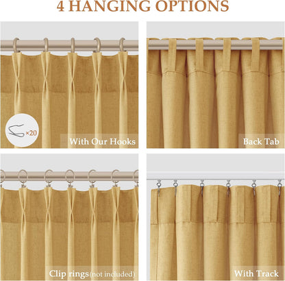 Aersas Gold Yellow Pinch Pleated Linen Curtains 84 Inch Length 2 Panels for Living Room Bedroom Semi Sheer Window Curtain Boho Neutral Back Tab Pinch Pleat Drape with Hooks 40x84