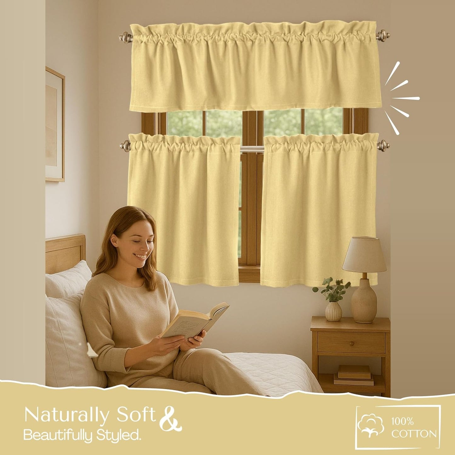 Native Fab 3 Piece Window Curtain Tiers 26"x36" and Valance 54"x18" Set - Rod Pocket - Semi Sheer - Short Curtain for Kitchen, Cafe, Living Room - Pale Yellow