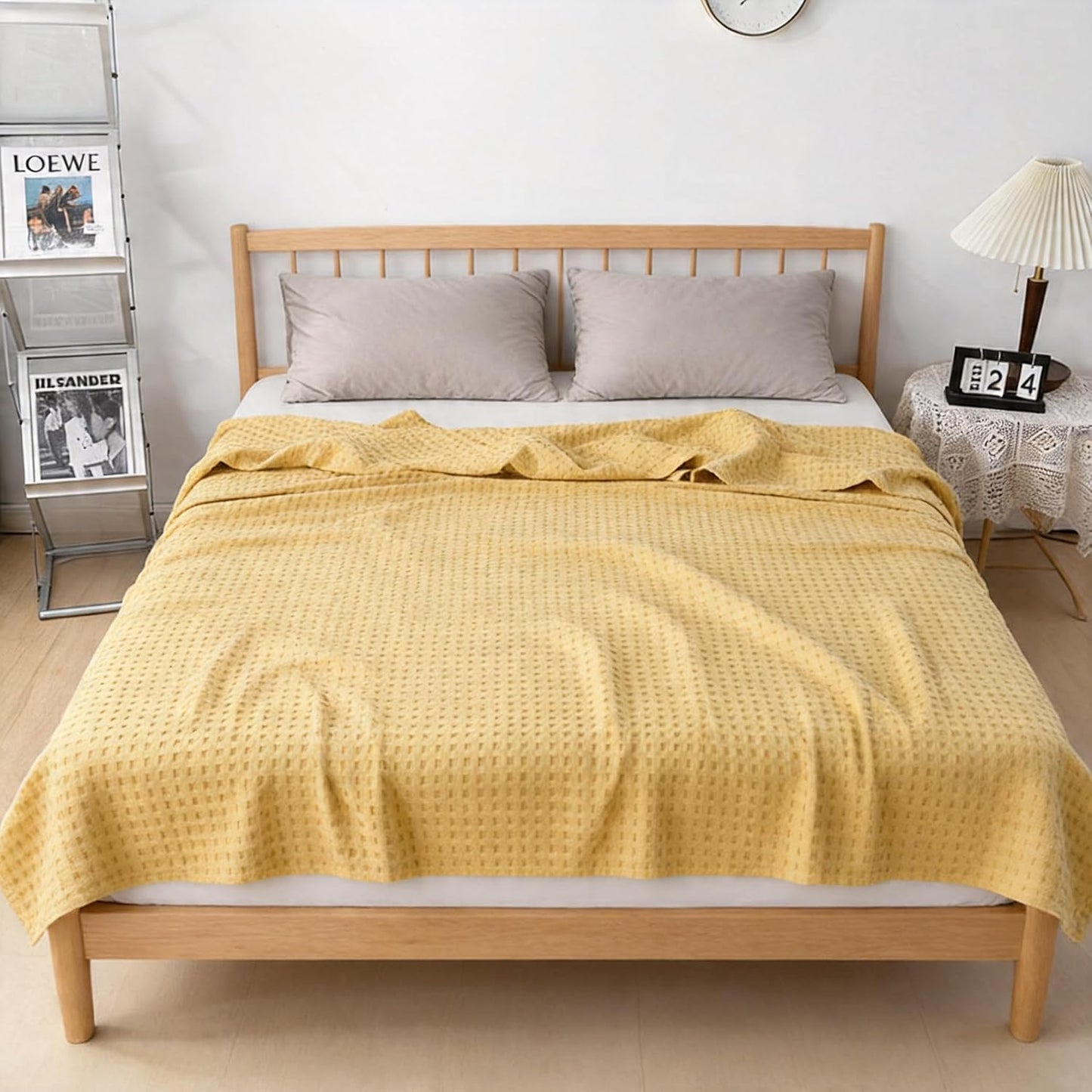 100% Cotton Waffle Weave Summer Cooling Blanket for Hot Sleepers,Breathable Lightweight Sage Grey Blanket for Bed,Couch and Travel (Yellow,Throw XL(60'' * 78''))