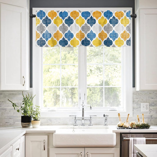 Valances Curtains for Living Room Retro Moroccan Pattern Yellow Gray and Indigo Blue Semi Sheer Valance for Windows Rod Pocket Window Treatment Decor Curtains Light Filtering Kitchen Valance 54"x18"