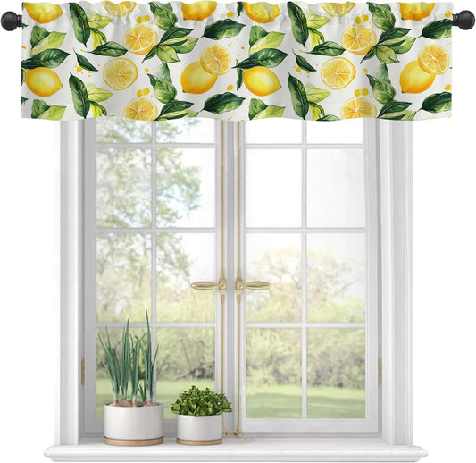 Valances Curtains for Windows,Watercolor Lemons and Leaves Semi Sheer Curtain Valances, Rod Pocket Short Window Treatment Light Filtering Decor Valances for Kitchen Bedroom - 42"x12"