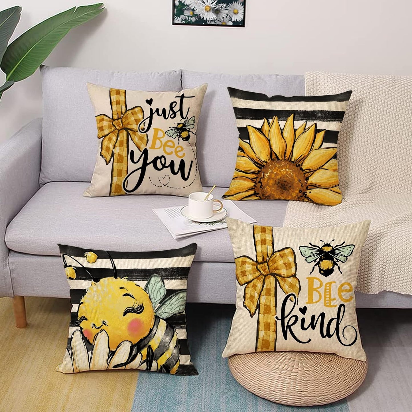 Spring Summer Bumble Bee Sunflower Decorative Throw Pillow Covers 18x18 Set of 4, Fall Farmhouse Black White Stripe Home Decor, Yellow Buffalo Plaid Check Quote Outdoor Couch Cushion Case