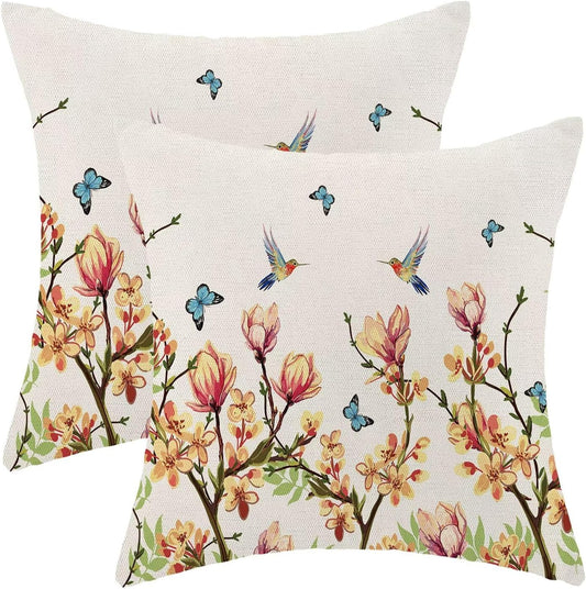 Flowers Bird Spring Throw Pillow Covers 18x18 Set of 2, Watercolor Butterfly Decoration Throw Pillow Covers Seasonal Yellow Floral Outdoor Cushion Cover for Sofa Couch Farmhouse Room Bed Decor