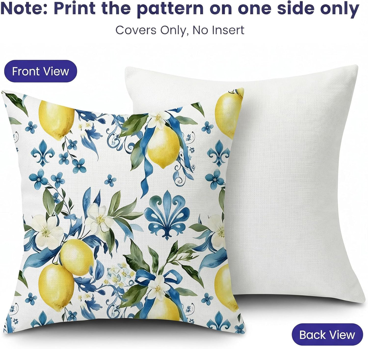 mellicoma Waterproof Outdoor Pillow Covers 18x18 Pack of 2 Blue White Lemon Throw Outdoor Pillows for Garden Funiture Patio Home