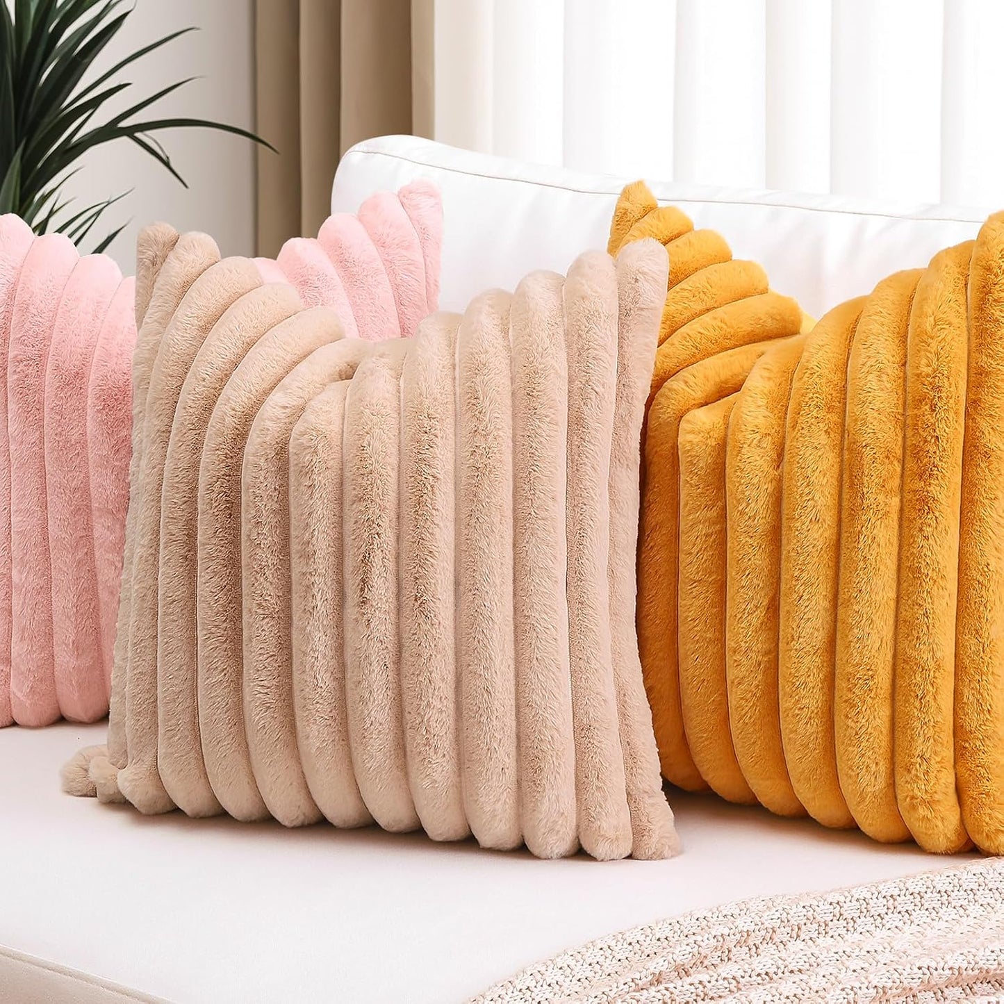 OTOSTAR Mustard Yellow Faux Rabbit Fur Decorative Throw Pillow Cover 20x20 Inch Soft Cozy Plush Striped Pillowcase Velvet Cushion Cover for Sofa Couch Bed Living Room