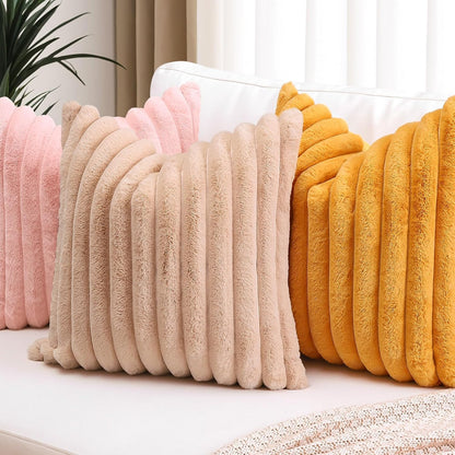 OTOSTAR Mustard Yellow Faux Rabbit Fur Decorative Throw Pillow Cover 20x20 Inch Soft Cozy Plush Striped Pillowcase Velvet Cushion Cover for Sofa Couch Bed Living Room