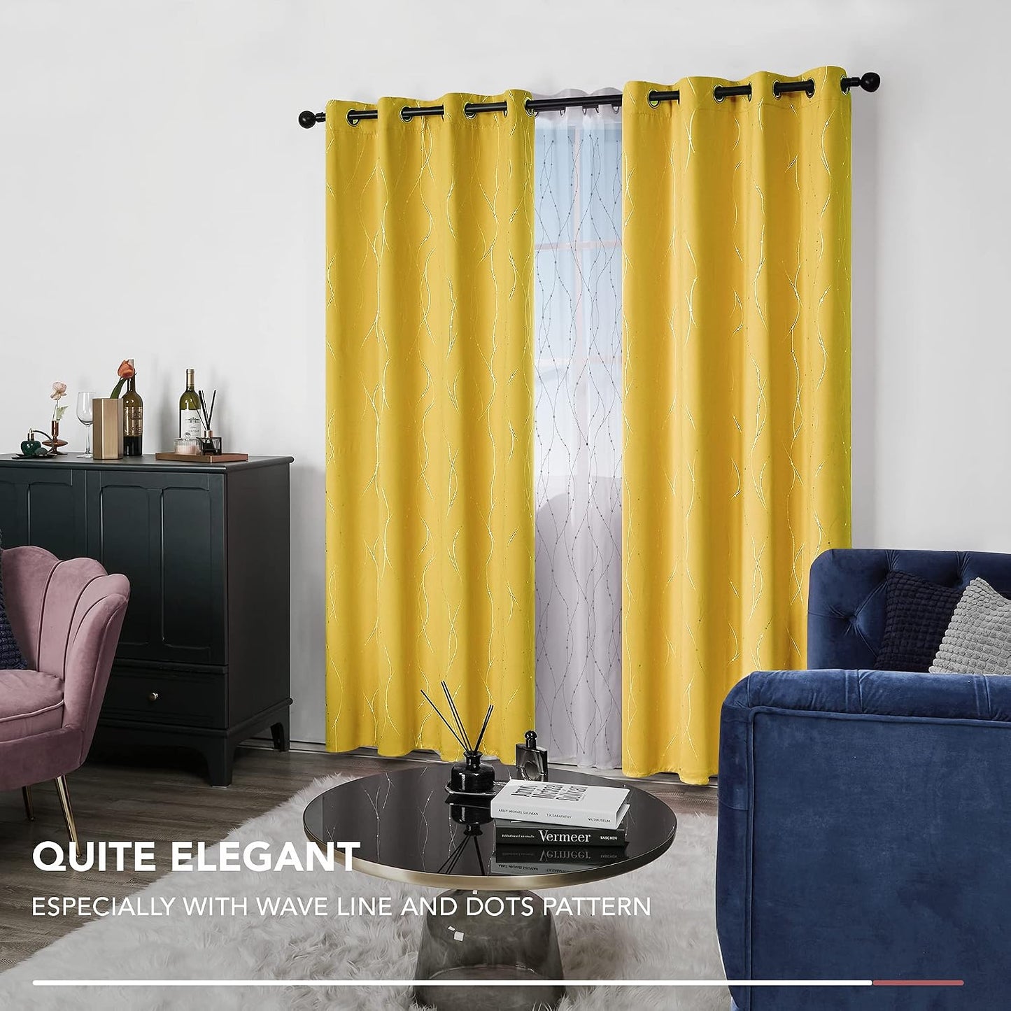 Deconovo Blackout Curtains, Yellow Thermal Insulated Grommet Drapes, Silver Wave Dots Foil Print, Light Blocking Panels, 52" W x 95" L, 2 Panels, for Bedroom Living Room Sliding Door
