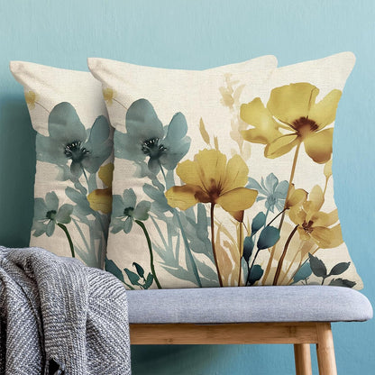 Spring Floral Pillow Covers 18x18 Inch Set of 2 Blue Yellow Floral Throw Pillow Cover Outdoor Modern Summer Flower Decoration Pillowcase Farmhouse Decorative Linen Cushion Cover For Sofa Couch