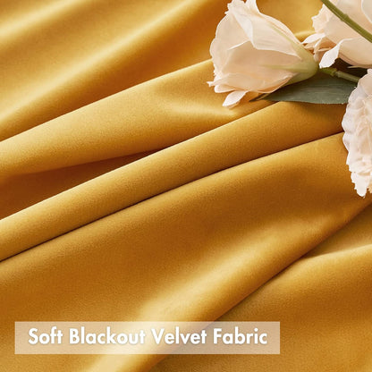 MIULEE Mustard Yellow Pom Pom Velvet Curtains for Fall Bedroom/Living Room Darkening Thermal Insulating 84 Inches Long Blackout Curtains with Rod Pocket for Bedroom/Home Theater Set of 2