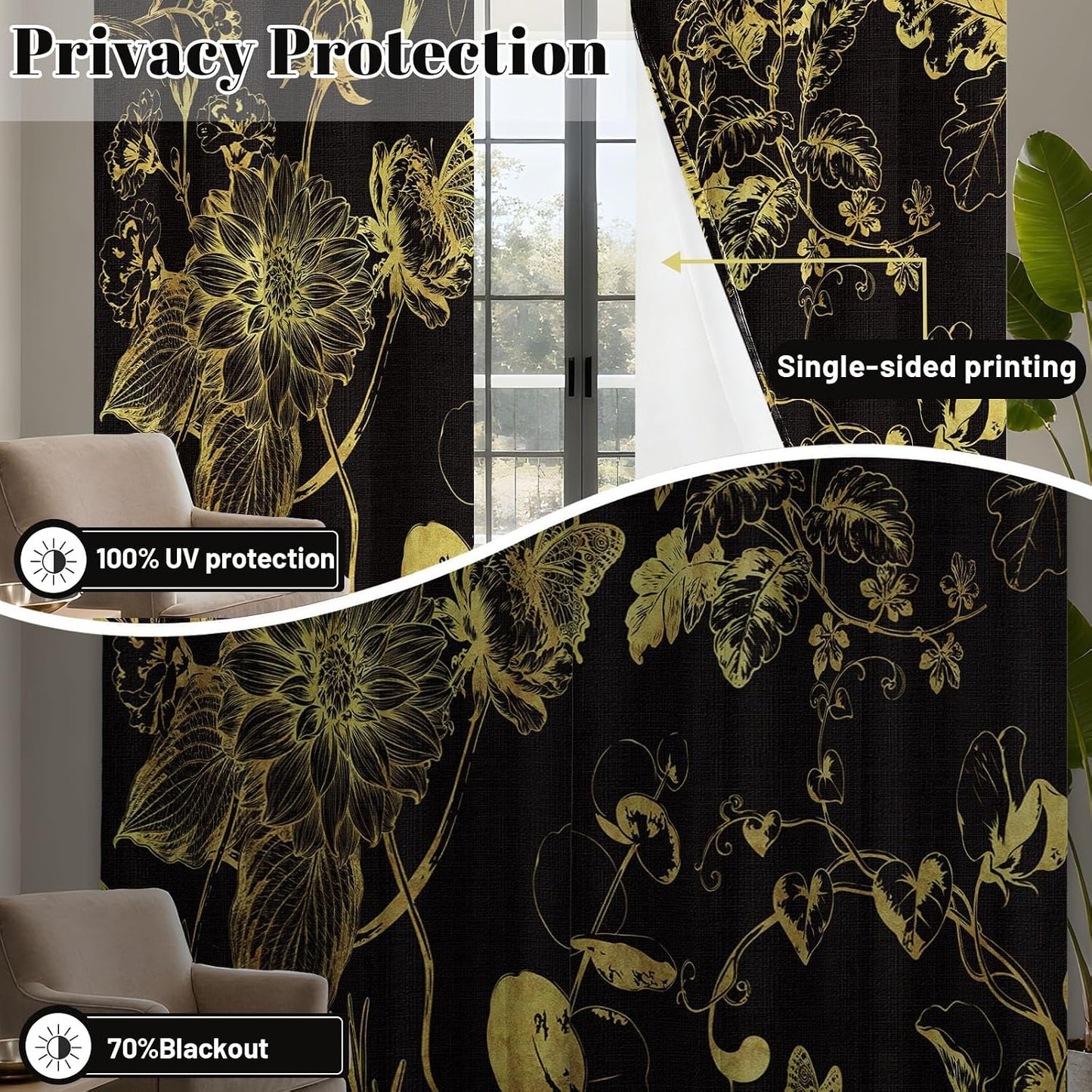 Black and Gold Vintage Botanical Blackout Curtains Patterned Golden Yellow Floral Window Drapes for Bedroom Living Room, 84 inch Length 2 Panels Set, 52x84 inch