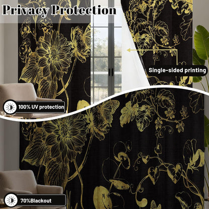 Black and Gold Vintage Botanical Blackout Curtains Patterned Golden Yellow Floral Window Drapes for Bedroom Living Room, 84 inch Length 2 Panels Set, 52x84 inch