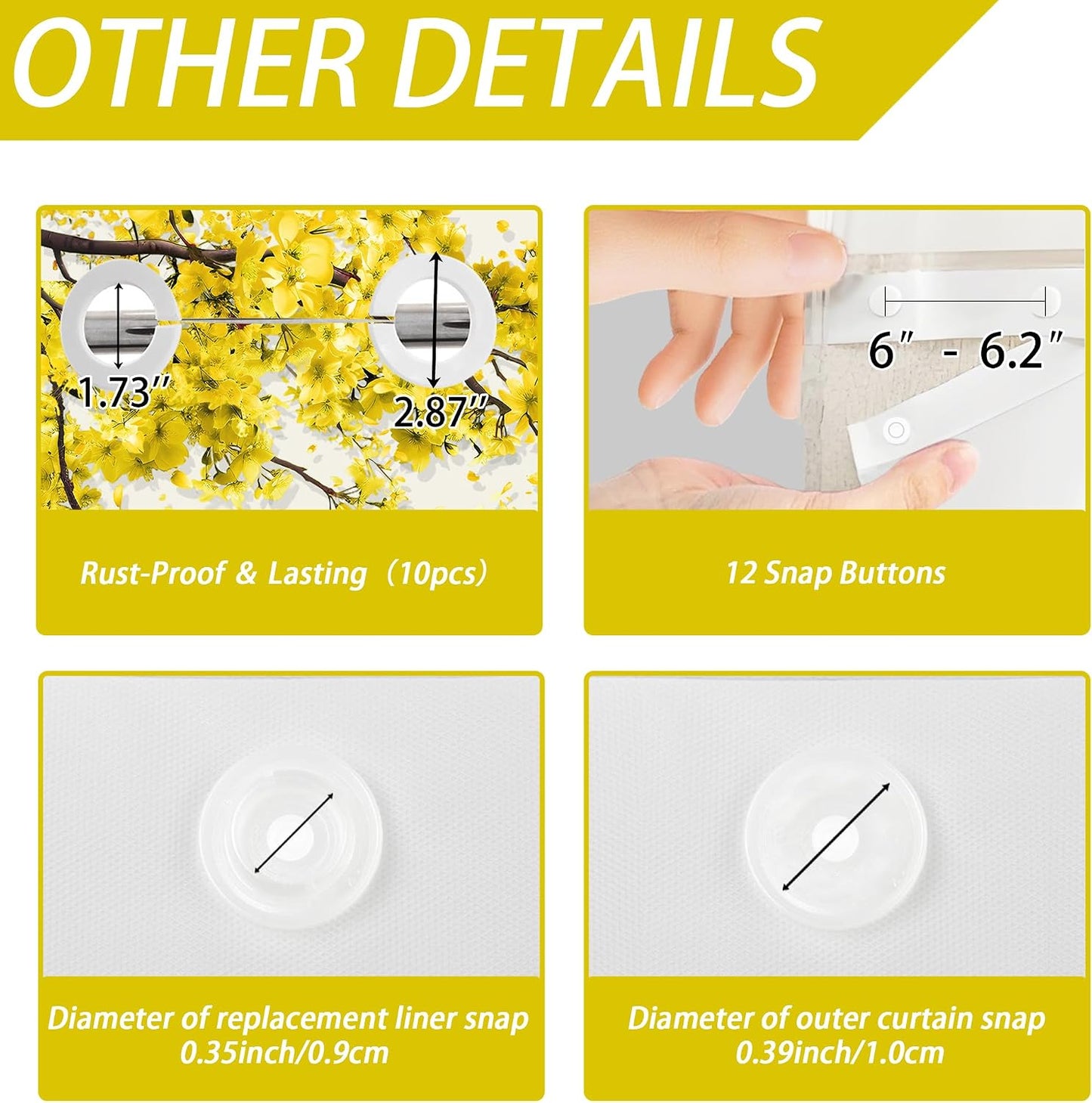 Yellow Floral Hookless Shower Curtain with Snap in Liner Set, Mustard Gray Anime No Hook Shower Curtains for Bathroom Double Layer Ringless Liner with Magnets Waterproof Fabric, 71 x 74 Inch