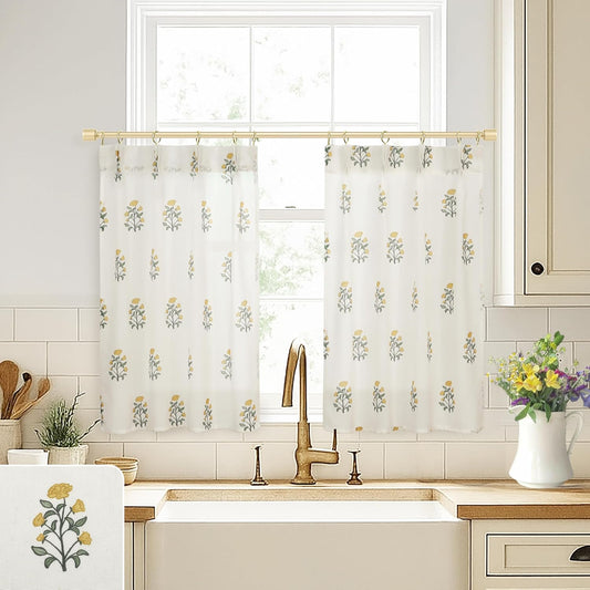 Yellow and Green Kitchen Curtains,Cottage Core Wildflower Meadow Floral French Country Bright Colorful Sunflower Theme Curtains for Bathroom Window