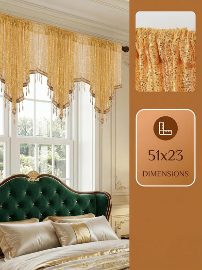 Molaxhome Swag Curtain 51 inch Length Rod Pocket Scalloped Curtain Valance Sheer Lace Panels with Hanging Crystal Beads for Kitchen Bedroom Window Treatments Drape Decor 1pc (Sequin Yellow, 51Wx23L)