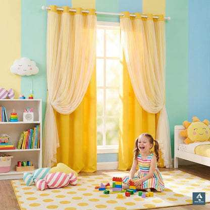 PONY DANCE Lemon Yellow Blakcout Curtains with White Sheer Overlay for Bedroom, Double Layer Grommet Drapes 84 Inches Long for Nursery/Living Room, 2 Panels Set with 4 Tiebacks, 52" W x 84" L