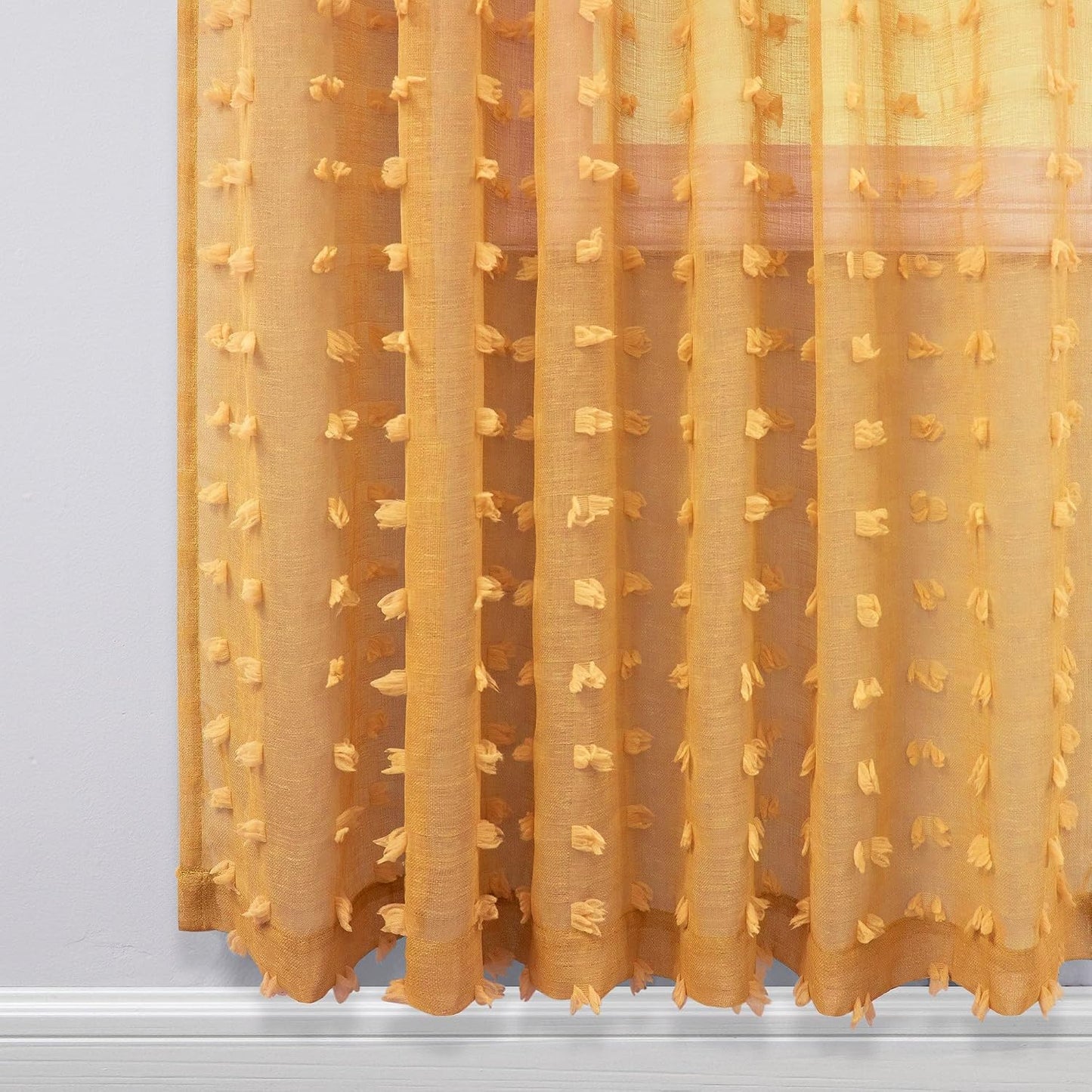 Mustard Yellow Textured Curtains 84 Inch Length 2 Panels for Living Room Bedroom Dining Room Boho Back Tab Rod Pocket Pom Pom Tufted Gold Semi Sheer Curtain 84 Inches Long for Nursery Girls Kids Room