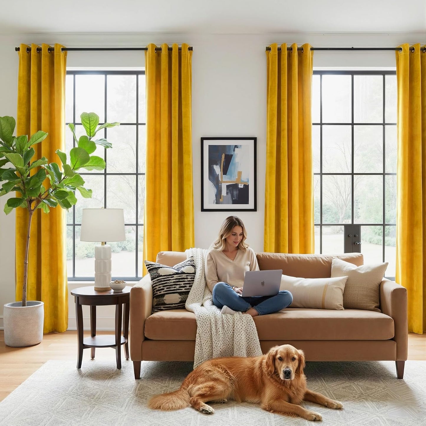 NICETOWN Yellowish Gold Velvet Curtains 84 inch Long - Blackout Thermal Insulating Soft Window Curtains for Bedroom Living Room Dining Sliding Glass Door, W52 x L84, 2 Panels