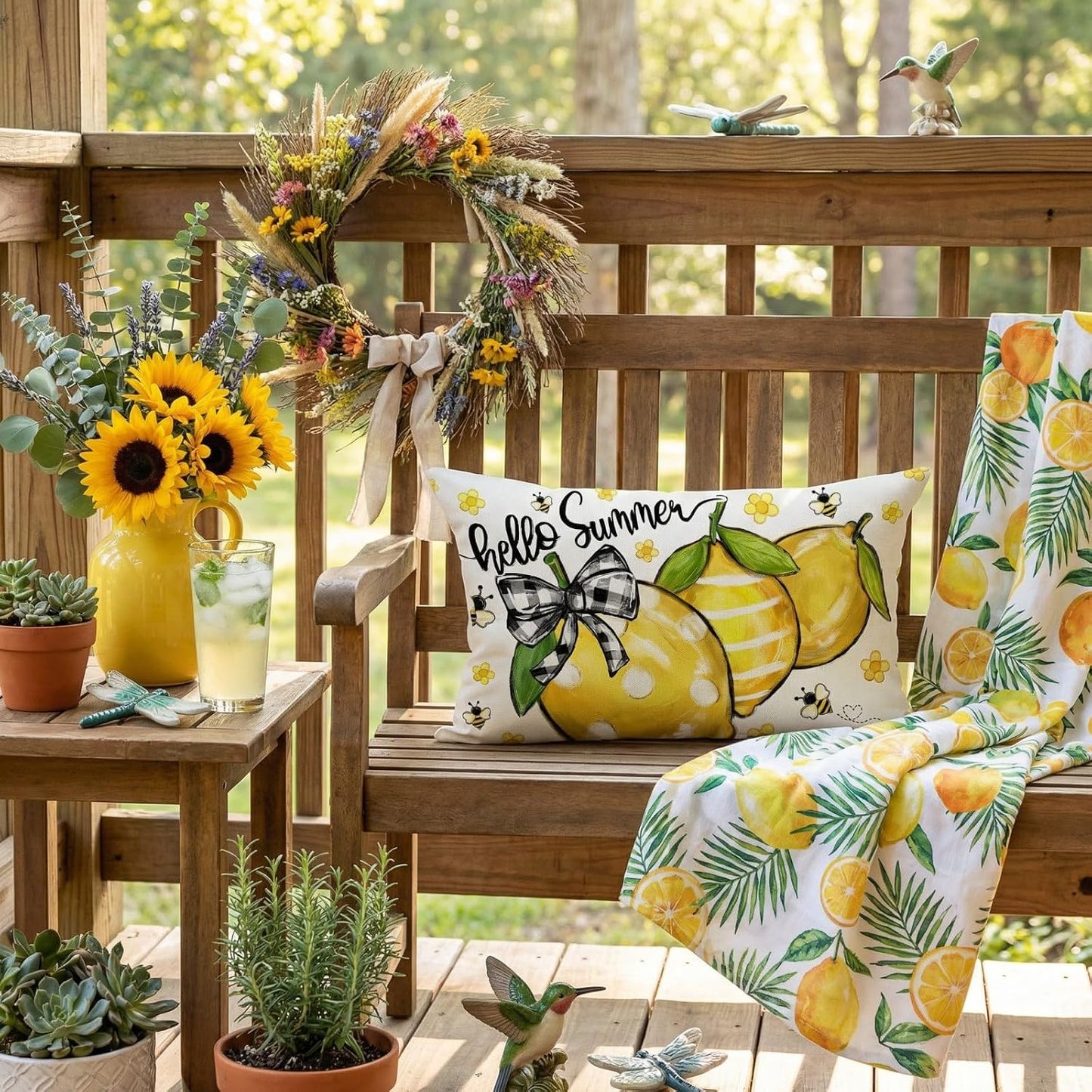 GEEORY Summer Lemon Pillow Cover 12x20 Inch - Hello Sunshine Bee Farmhouse Decor, Spring Summer Citrus Throw Pillow Case for Sofa, Couch, Living Room