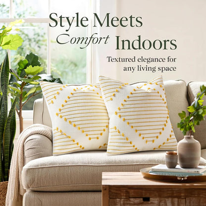 Mecatny Boho Summer Outdoor Throw Pillow Covers 12X20 Set of 2, Farmhouse Lumbar Pillow Covers for Couch Sofa Living Room, Yellow & White