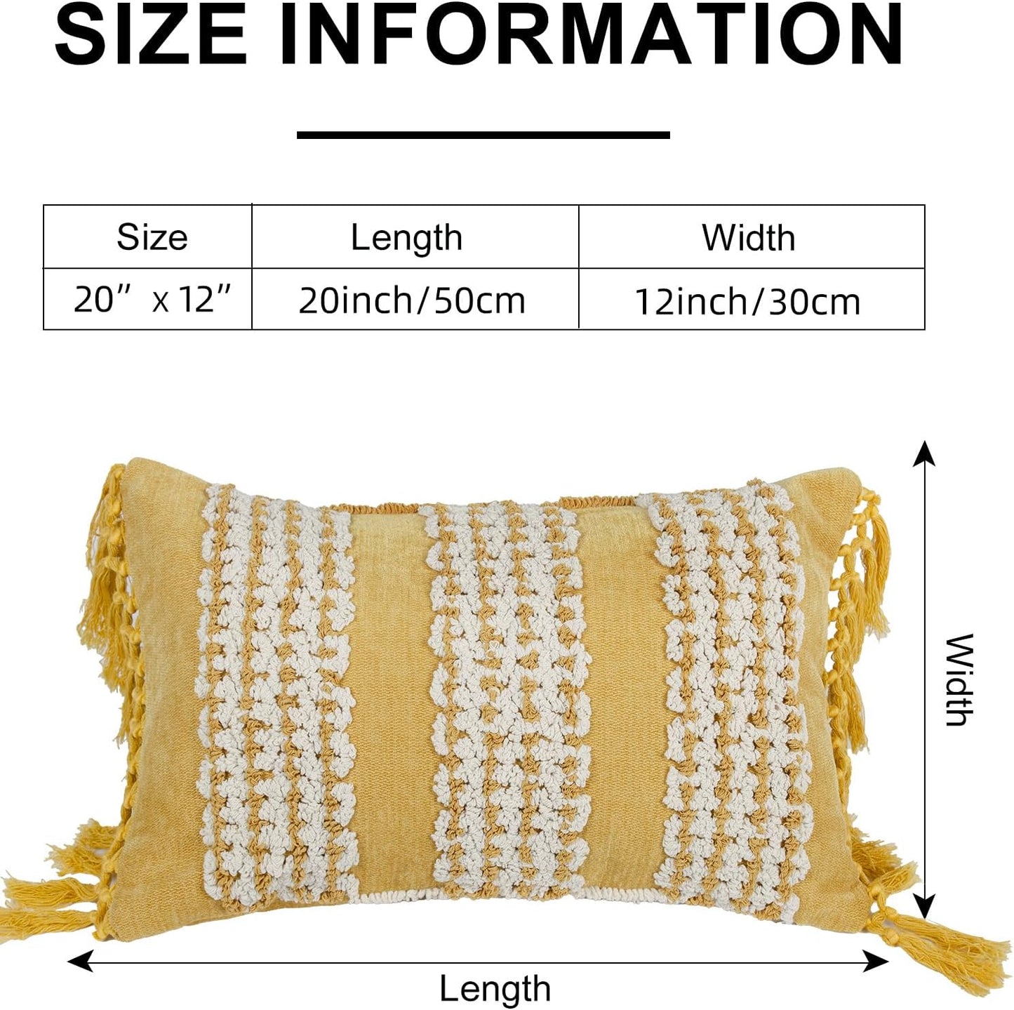 Mustard Yellow Boho Throw Pillow Cover 12x 20, Striped Tufted Neutral Cotton Pillow Cases,Farmhouse Rustic Bedroom Decor for Outdoor Couch Bedroom Car