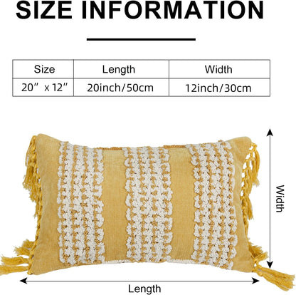 Mustard Yellow Boho Throw Pillow Cover 12x 20, Striped Tufted Neutral Cotton Pillow Cases,Farmhouse Rustic Bedroom Decor for Outdoor Couch Bedroom Car