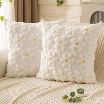 DFXSZ Spring Summer Pillow Covers 18x18 inch Set of 2 White Daisy Yellow Flower Heart Soft Plush Faux Fur Jacquard Throw Pillow Covers for Bedroom Sofa Spring Summer Holiday Home Decor PTK035A18