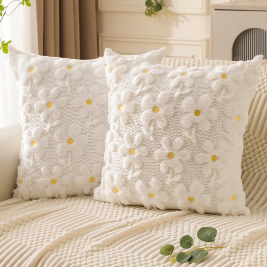 DFXSZ Spring Summer Pillow Covers 18x18 inch Set of 2 White Daisy Yellow Flower Heart Soft Plush Faux Fur Jacquard Throw Pillow Covers for Bedroom Sofa Spring Summer Holiday Home Decor PTK035A18