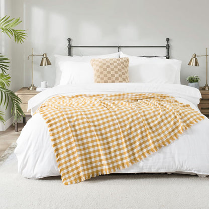 100% Cotton Throw Blanket Plaid Soft Lightweight Cozy Farmhouse Tassels Summer Thin Breathable Throws for Couch Sofa Bed (50" × 60" Yellow)