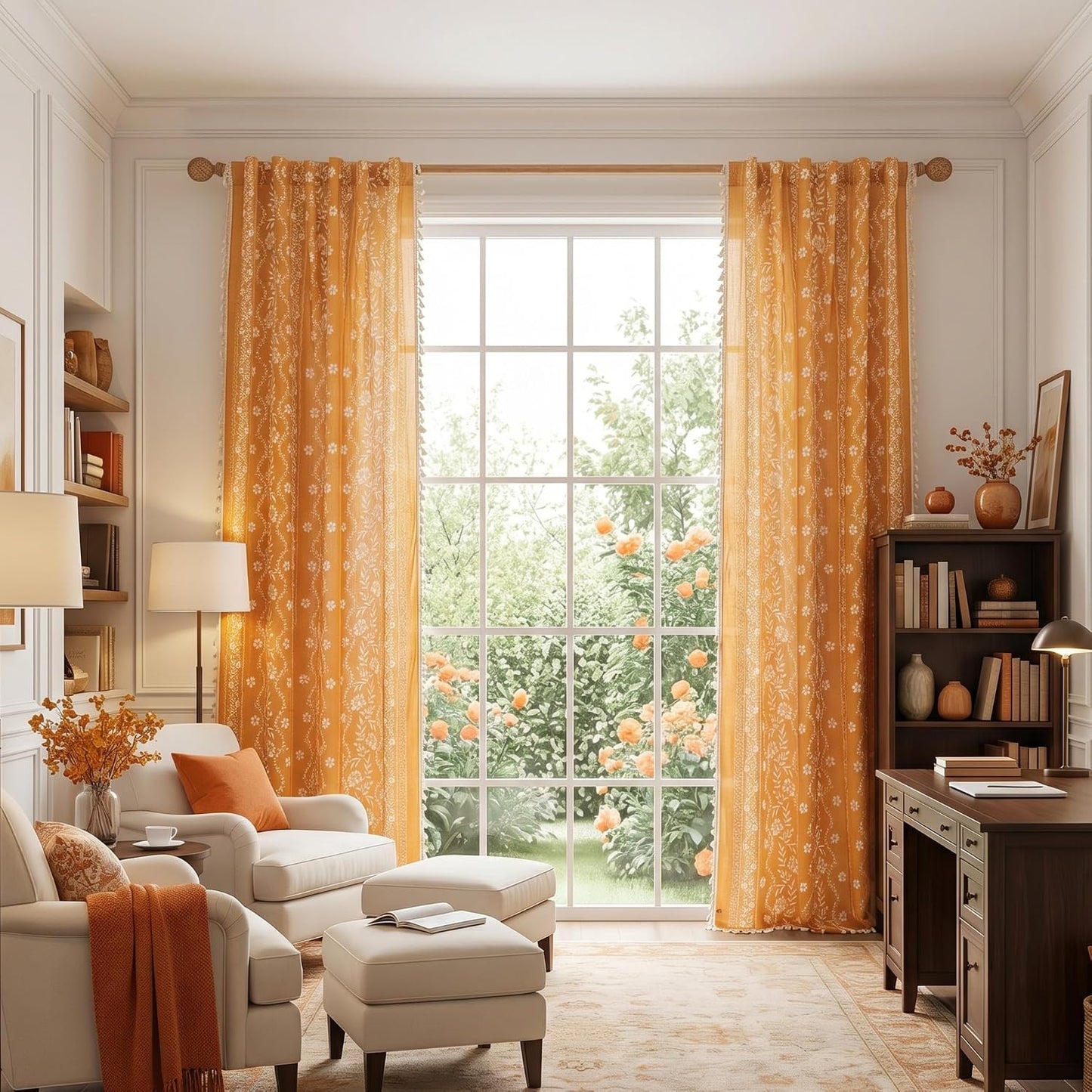 MYSKY HOME Boho Floral Curtains 84 inch Long 2 Panels Set Golden Mustard Yellow Farmhouse Curtains for Bedroom Living Room Light Filtering Semi Sheer Drapes with White Tassel Back Tab, 50" Wide