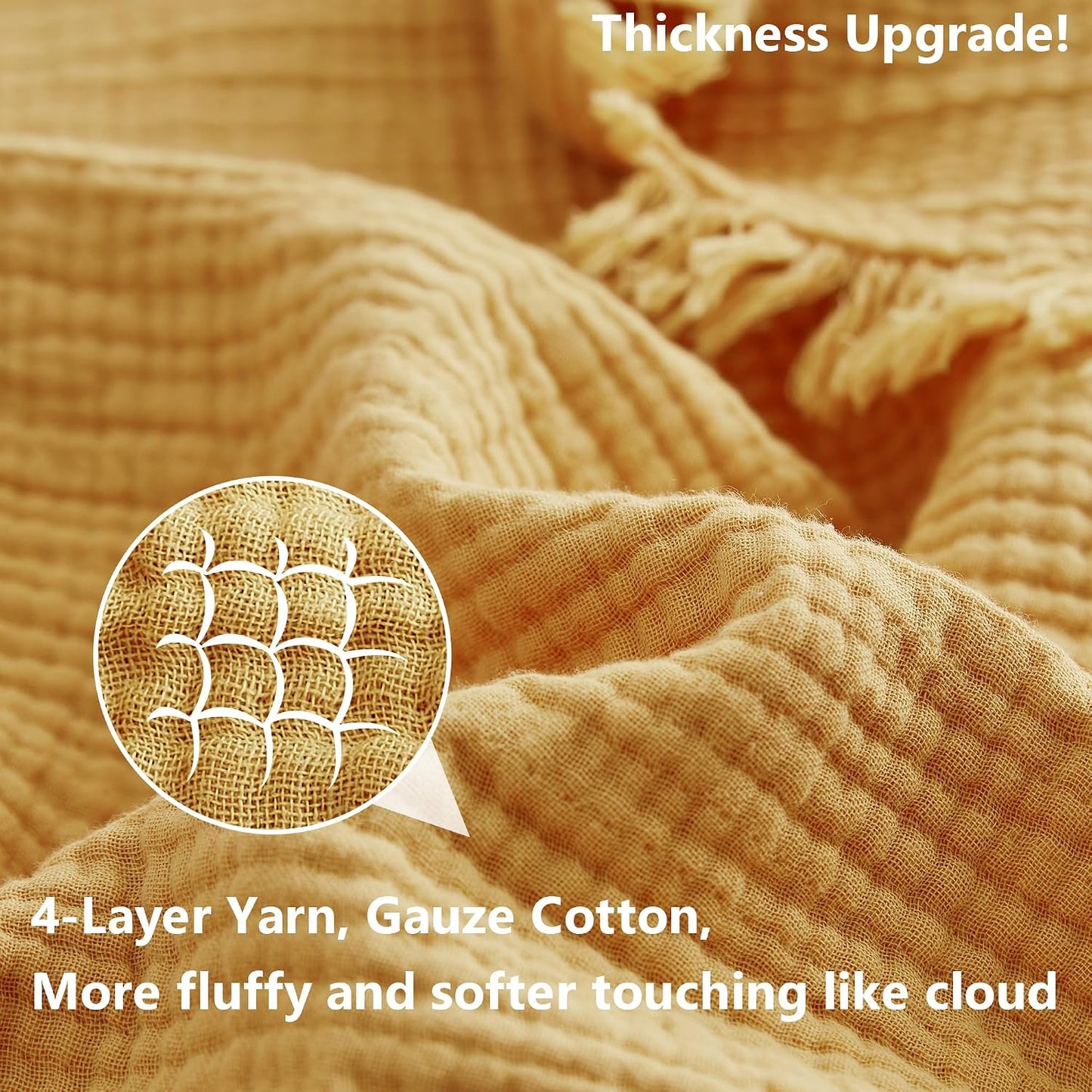 Simple&Opulence Cotton Muslin Throw Blanket 4 Layers for Bed, Couch, Woven Gauze Blanket with Tassels, Soft Lightweight Cozy Pre-Washed Breathable Farmhouse Decoration for All-Season(Yellow)