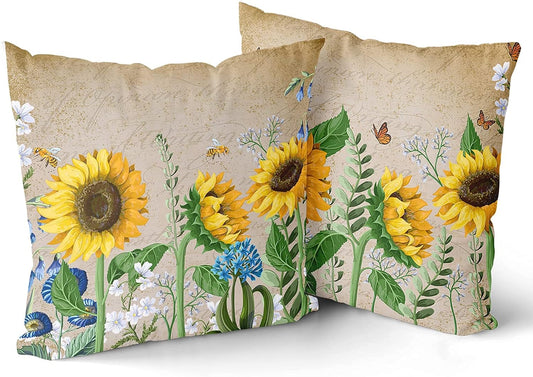 Giwawa Sunflower Throw Pillows Butterfly Pillow Covers Honeybee Throw Pillow Cover Watercolor Yellow and Blue Floral Decorative Pillow Covers Double-Sided Printing Suitable for Home Outdoor 16x16inch