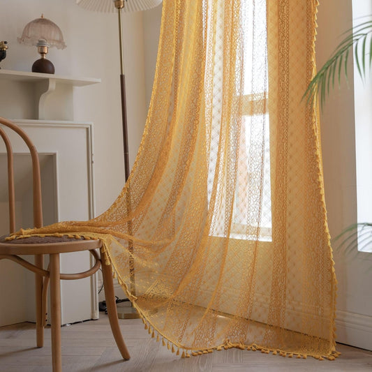 Yellow Lace Curtain for Living Room & Bedroom 108 Inches Long Boho Sheer Crochet Vintage Tassel Window Treatment Rod Pocket Light Filtering Privacy Drape, 1 Panel, 59" W x 108" L