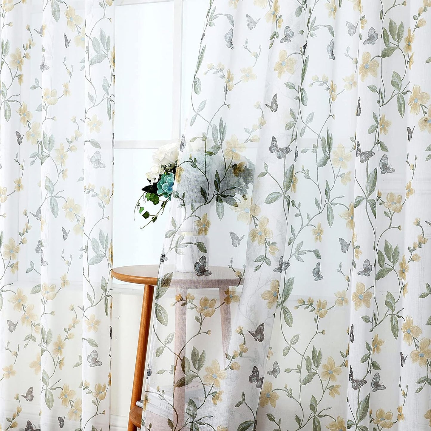 Tollpiz Sheer Floral Curtains Yellow Flower Butterfly Printed Bedroom Curtain Rod Pocket Voile Faux Linen Short Window Curtains for Living Room, 54 x 45 inches Long, Set of 2 Panels