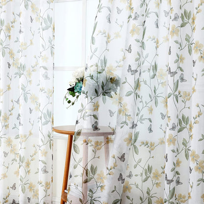 Tollpiz Sheer Floral Curtains Yellow Flower Butterfly Printed Bedroom Curtain Rod Pocket Voile Faux Linen Short Window Curtains for Living Room, 54 x 45 inches Long, Set of 2 Panels